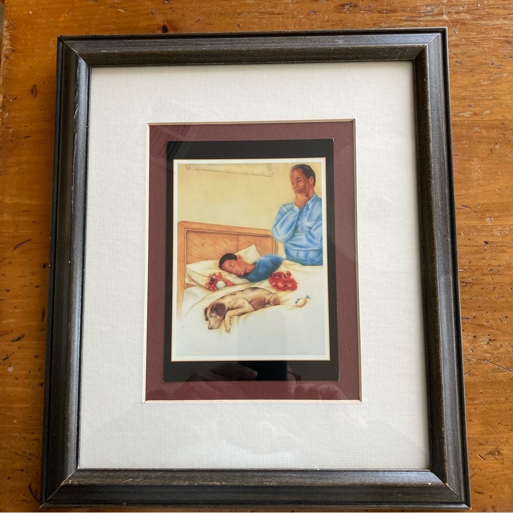 Framed print of a dad checking on his sleeping son and family dog.